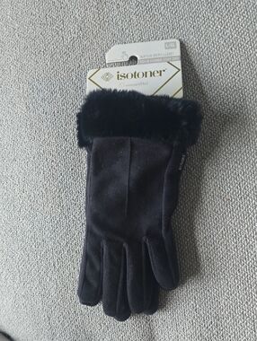 Water Repellant isotoner Black Faux-Fur Cuff Women's Gloves